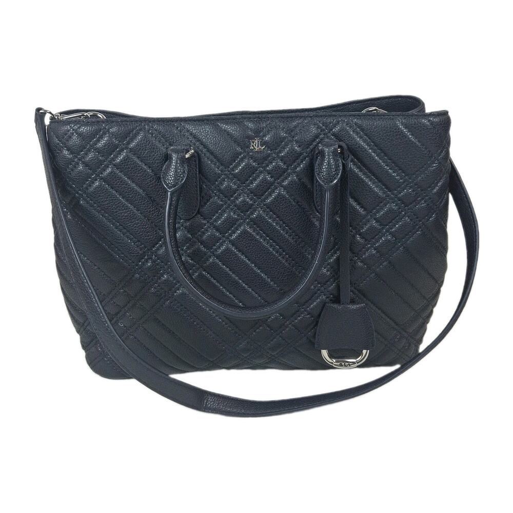 Lauren Ralph Lauren Marcy Purse Tote Dark Blue Quilted Large Bag Tassle Satchel